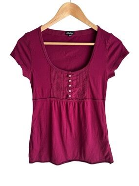 Tattoo Burgundy Babydoll Top Sz M Pleated Button Front Scoop Neck T-Shirt Tee
